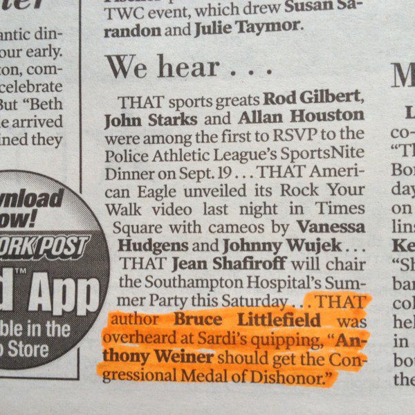 Newspaper gossip column with highlighted quote