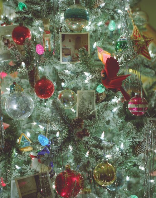 Decorated Christmas tree with holiday ornaments