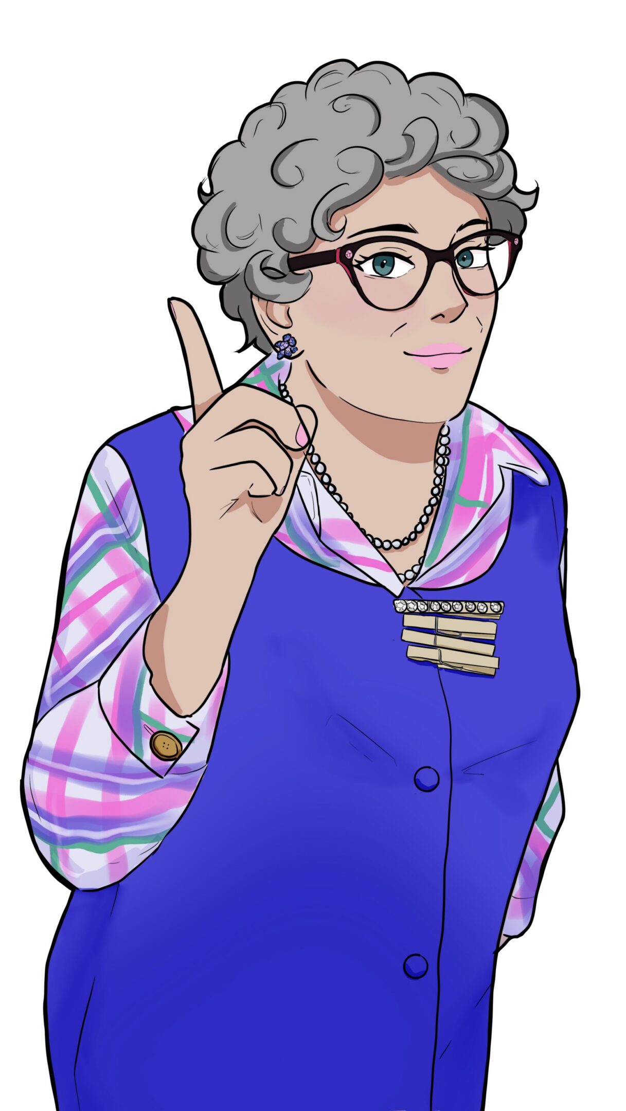 Elderly woman cartoon with glasses and vest.