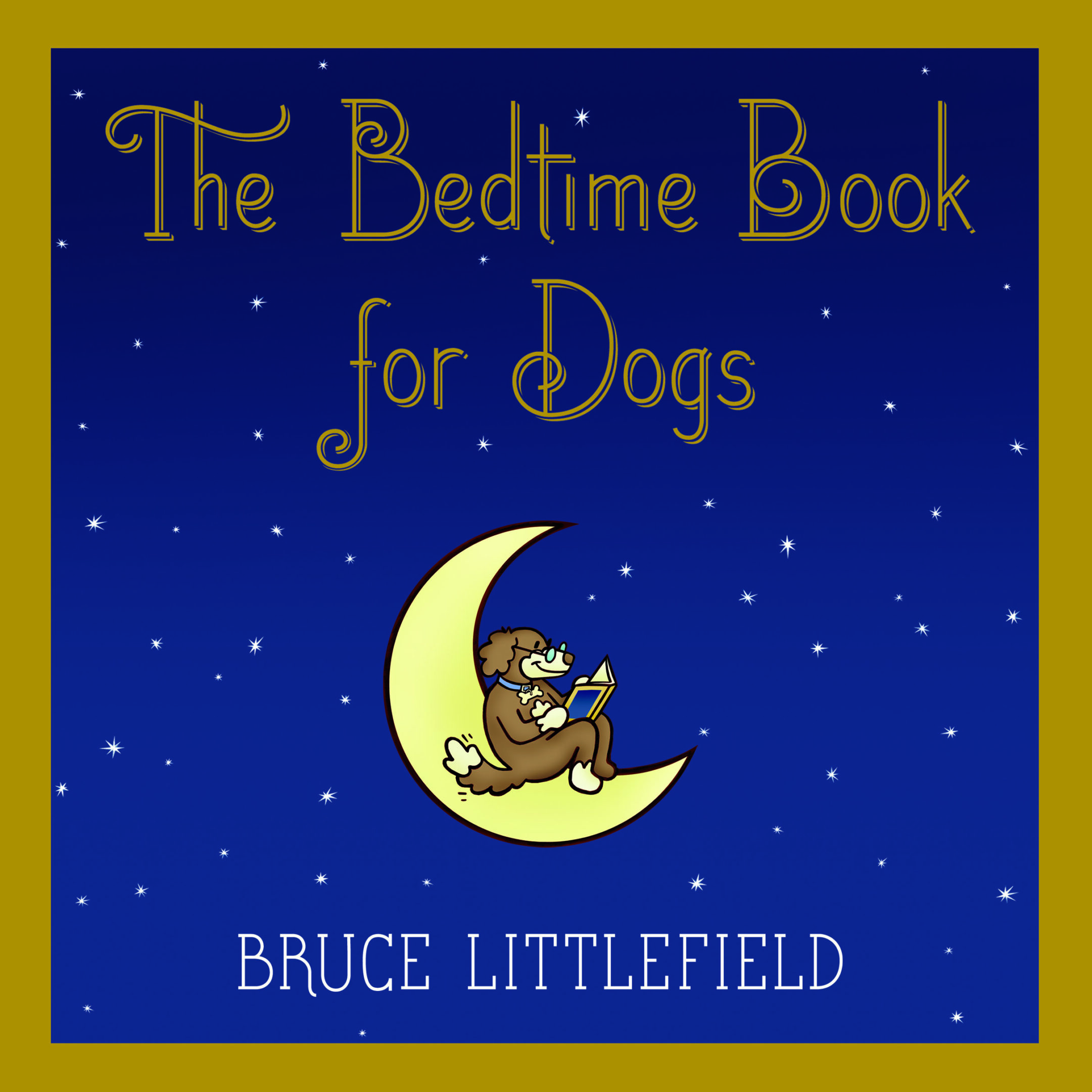 Dog reading on moon, starry night background.