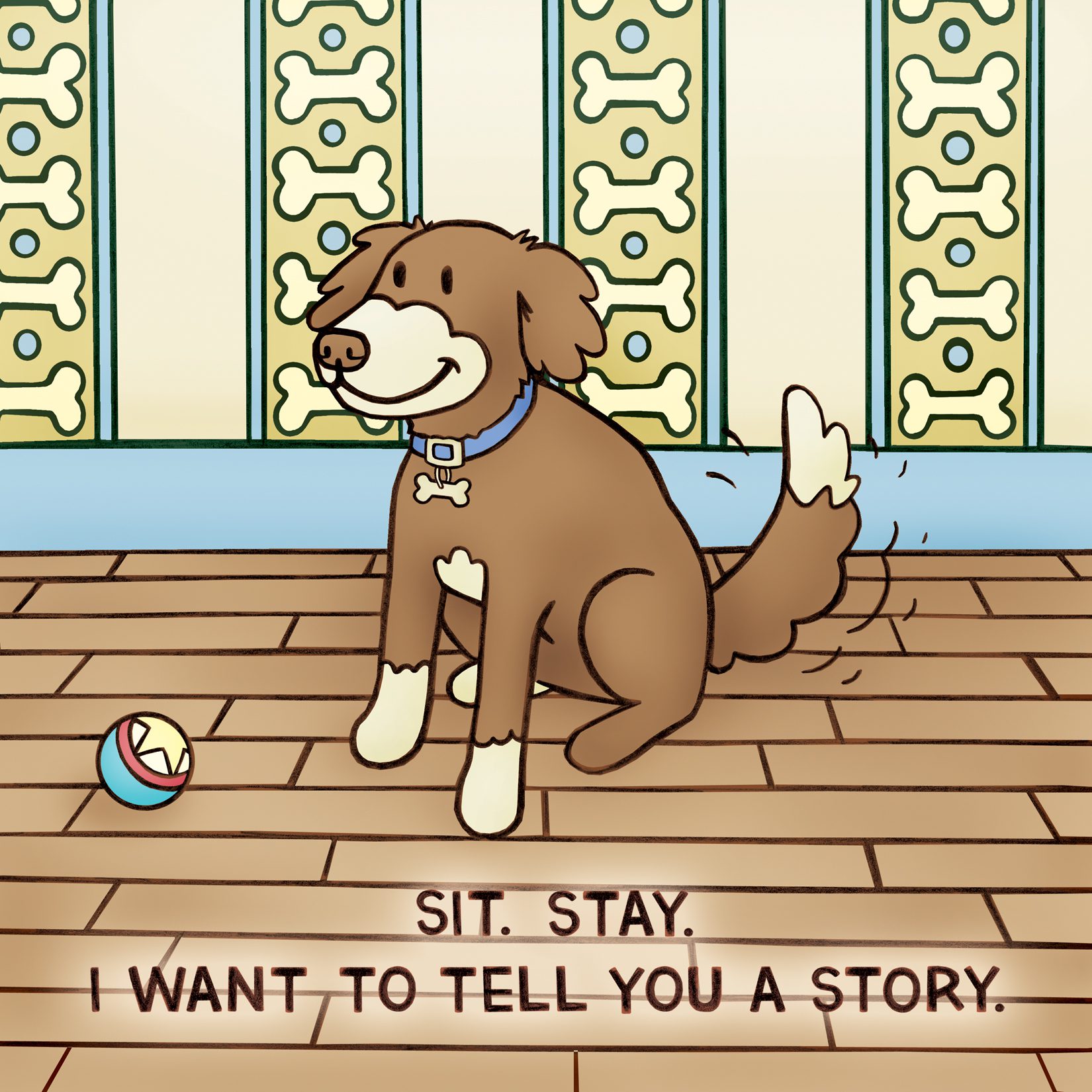 Dog sitting with a ball indoors.