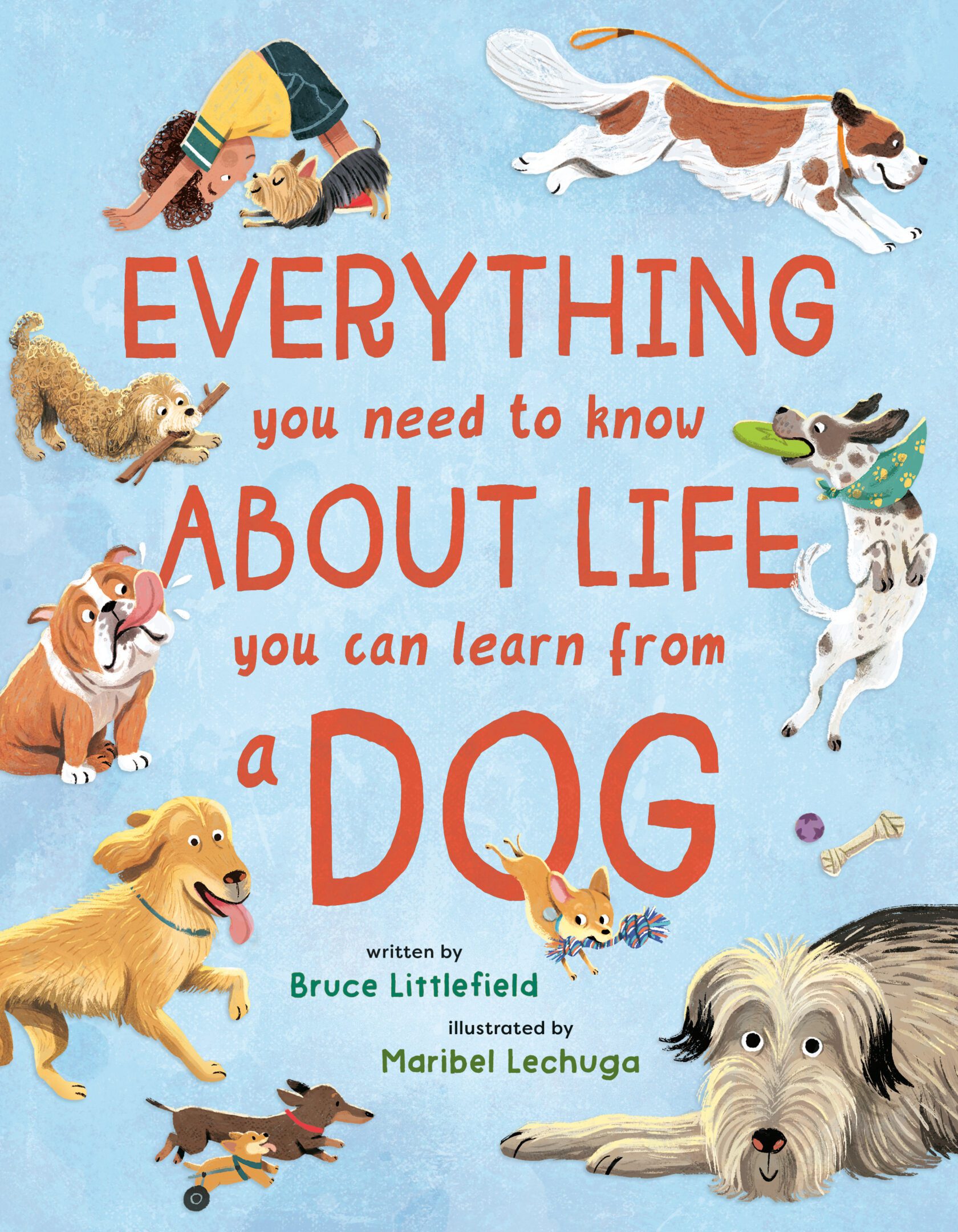 Book cover with playful dogs and text.