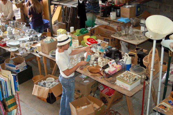 Garage sale with various household items