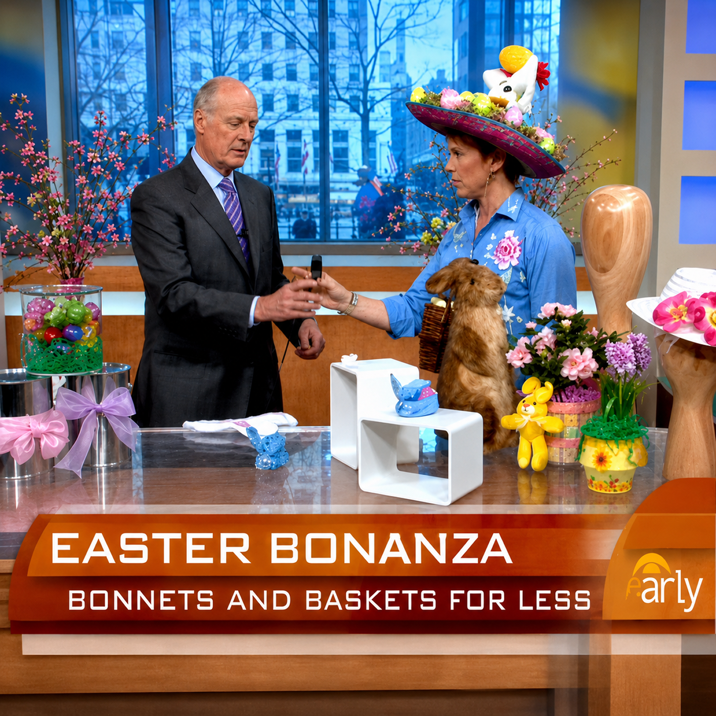 Hosts presenting Easter crafts and bonnets