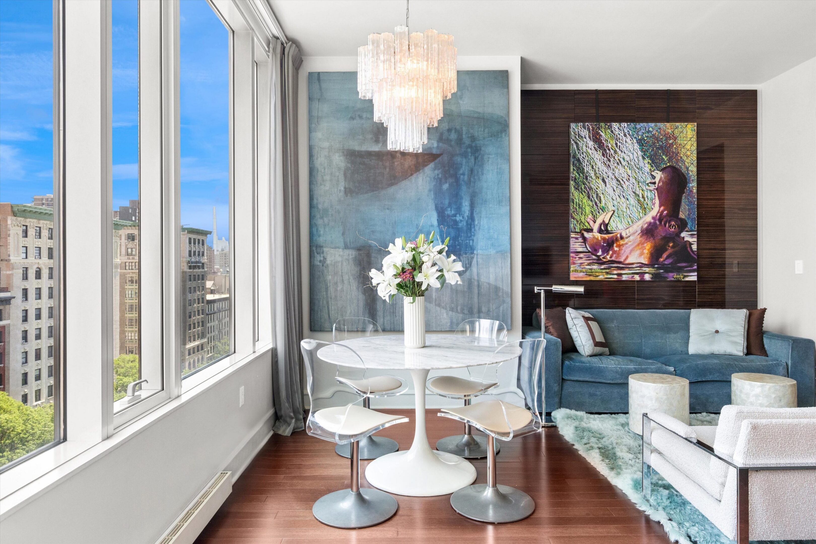 Modern living room with city view.