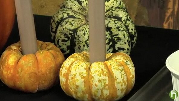 Mini pumpkins with inserted candle holders