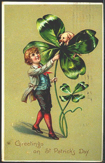 Child with shamrock and pig illustration