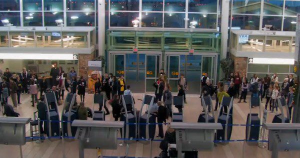 Busy airport terminal entrance