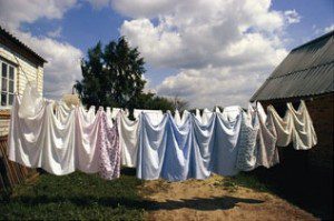 Laundry hanging under blue sky