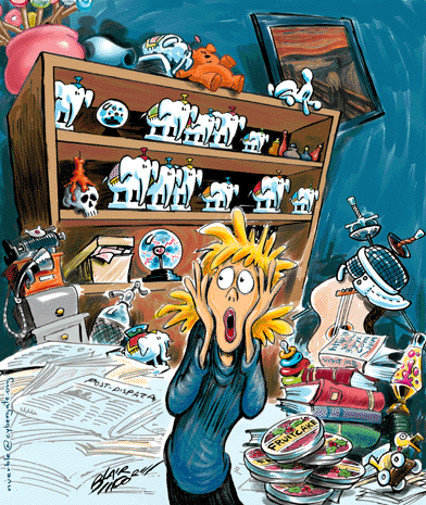 Cartoon person surrounded by chaos