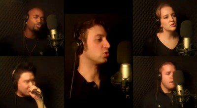 Singers recording music in studio