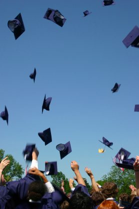 Sky filled with flying graduation caps