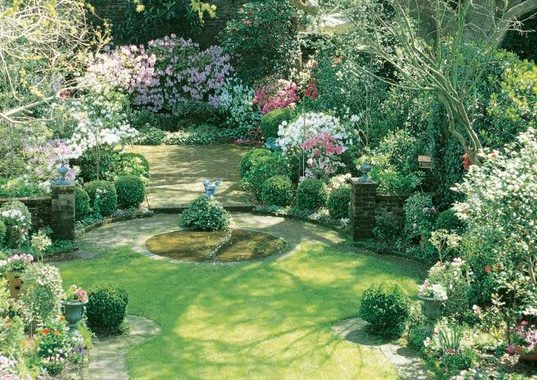 Beautiful garden landscape with blooming bushes.