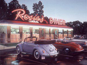 Retro diner with vintage cars