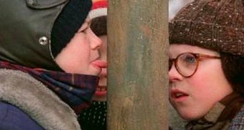 Winter scene with kids and frozen pole