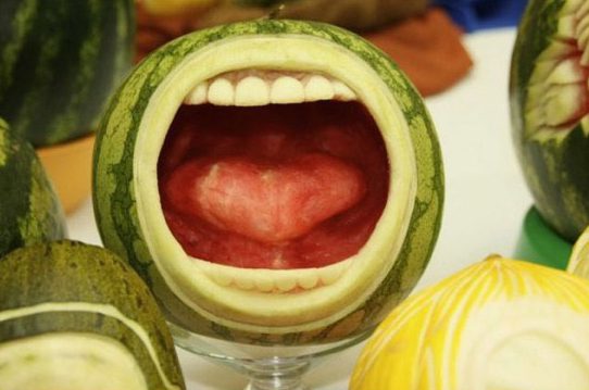 Watermelon carved to look like a mouth
