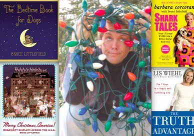 Holiday-themed book collage with lights