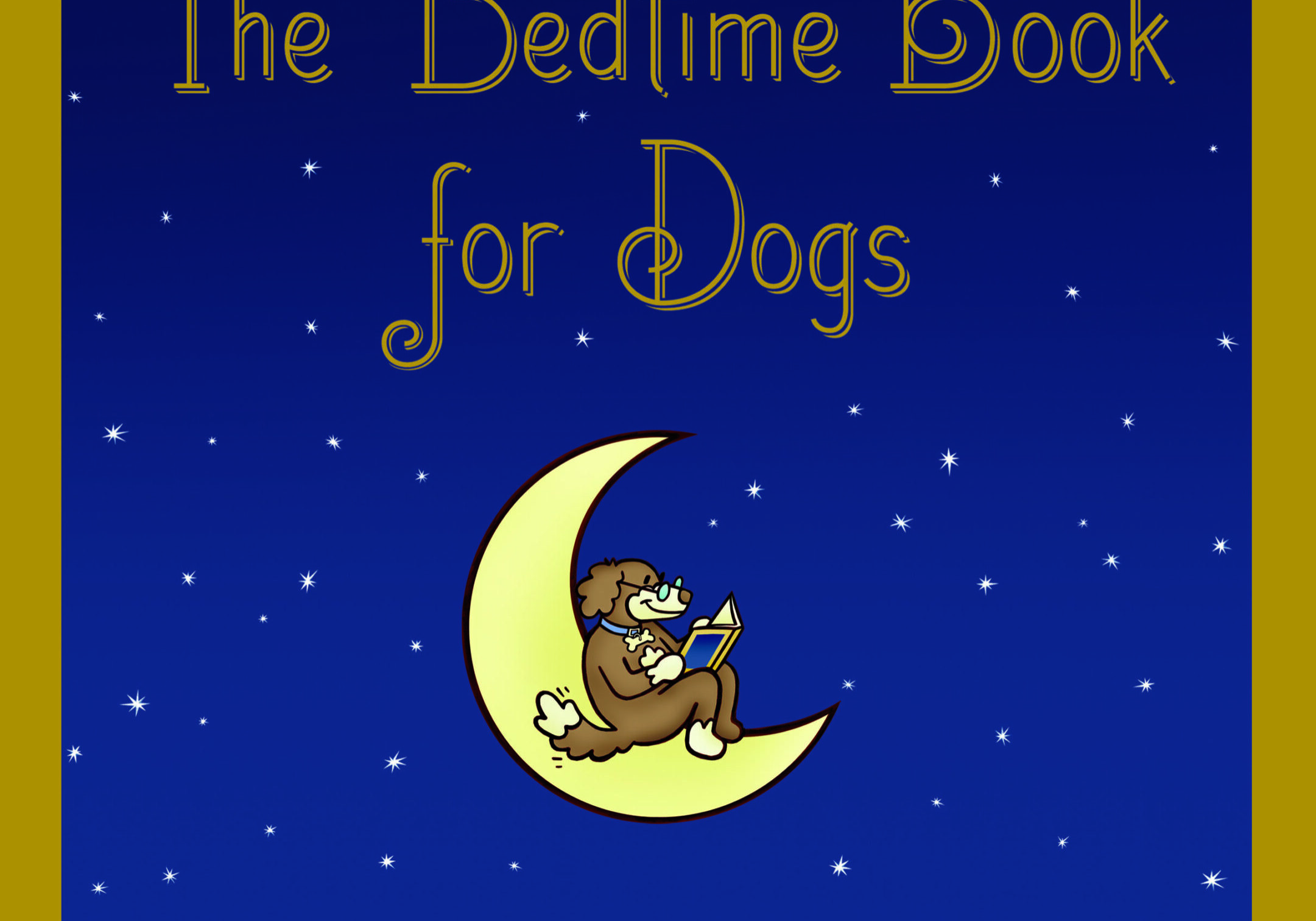 Dog reading on moon, starry night background.