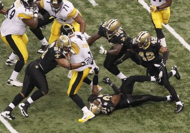 Intense football game tackle moment