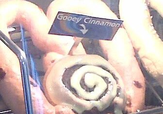 Gooey cinnamon roll in display case