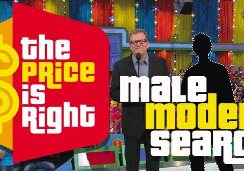 Bright game show set with host