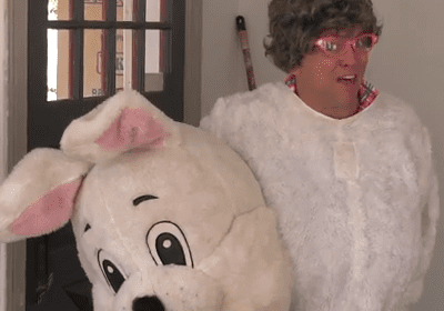 Comical bunny suit with person inside