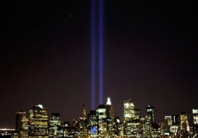 Memorial lights illuminating the night sky