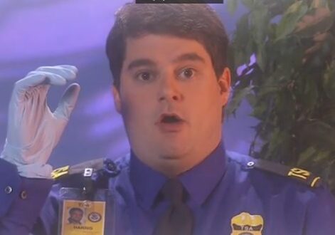 Officer with shocked expression and glove