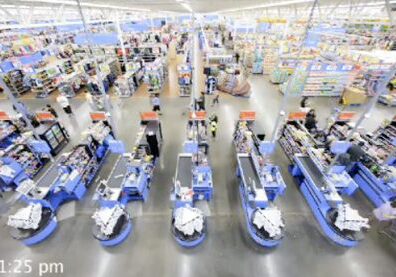 Overhead view of store checkouts