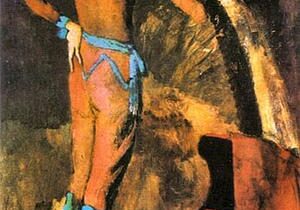 Colorful theatrical figure in expressive stance