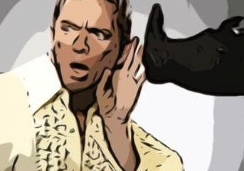 Cartoon man and rhino interaction