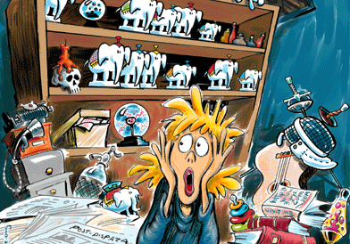 Cartoon person surrounded by chaos