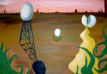 Abstract art with eggs and pink sky.
