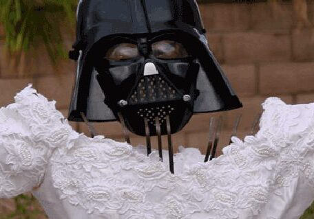 Darth Vader helmet on white dress mannequin