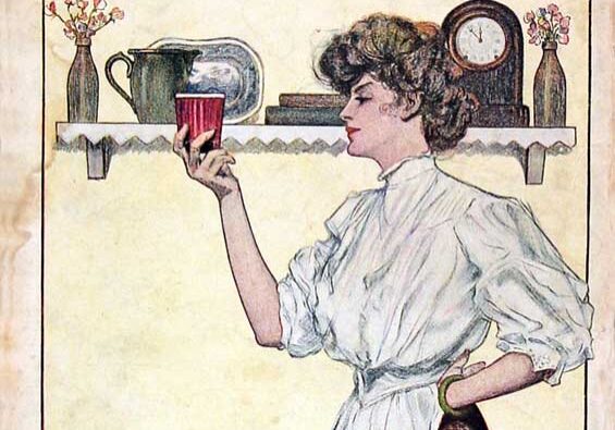 Vintage magazine cover with woman holding cup