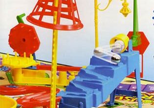 Colorful plastic board game setup