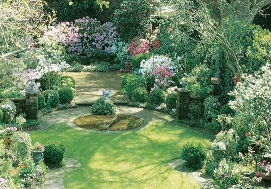 Beautiful garden landscape with blooming bushes.