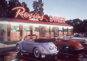 Retro diner with vintage cars