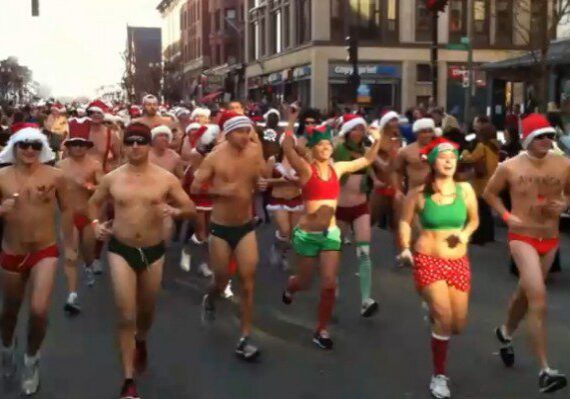People running in festive holiday attire