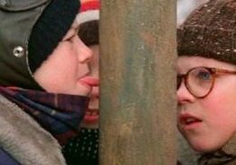 Winter scene with kids and frozen pole