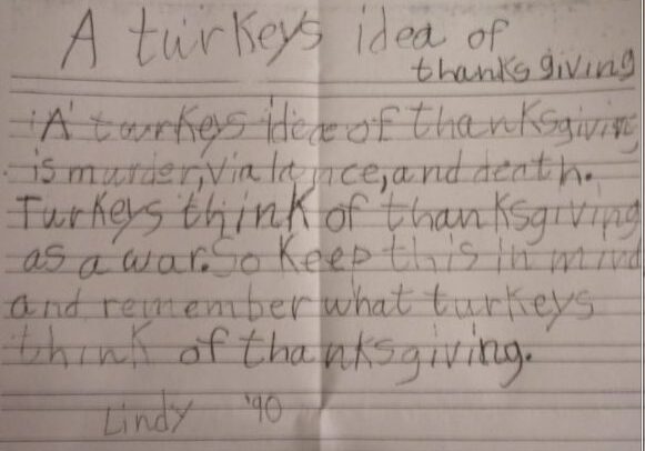 Child's Thanksgiving essay with dark humor