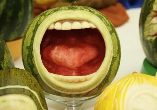 Watermelon carved to look like a mouth